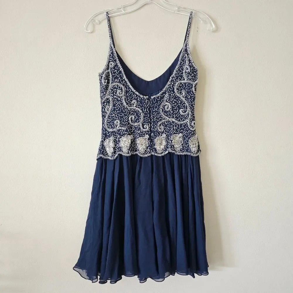 BLACK TIE OLEG CASSINI Elegant Navy Blue Beaded Dress 100% Silk Size 6 Glam Prom